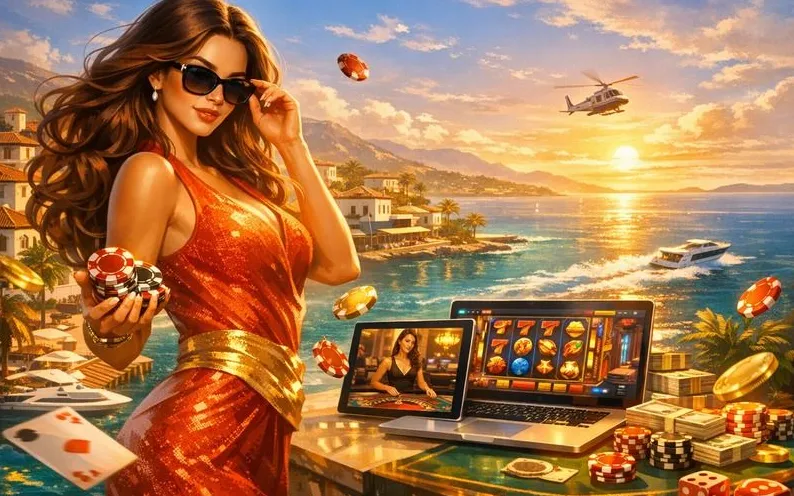 Sala casino Vegasino con tavoli verdi e luci