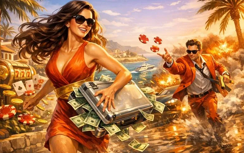 Vegasino Casino banner principale stile heist con coppia in arancione